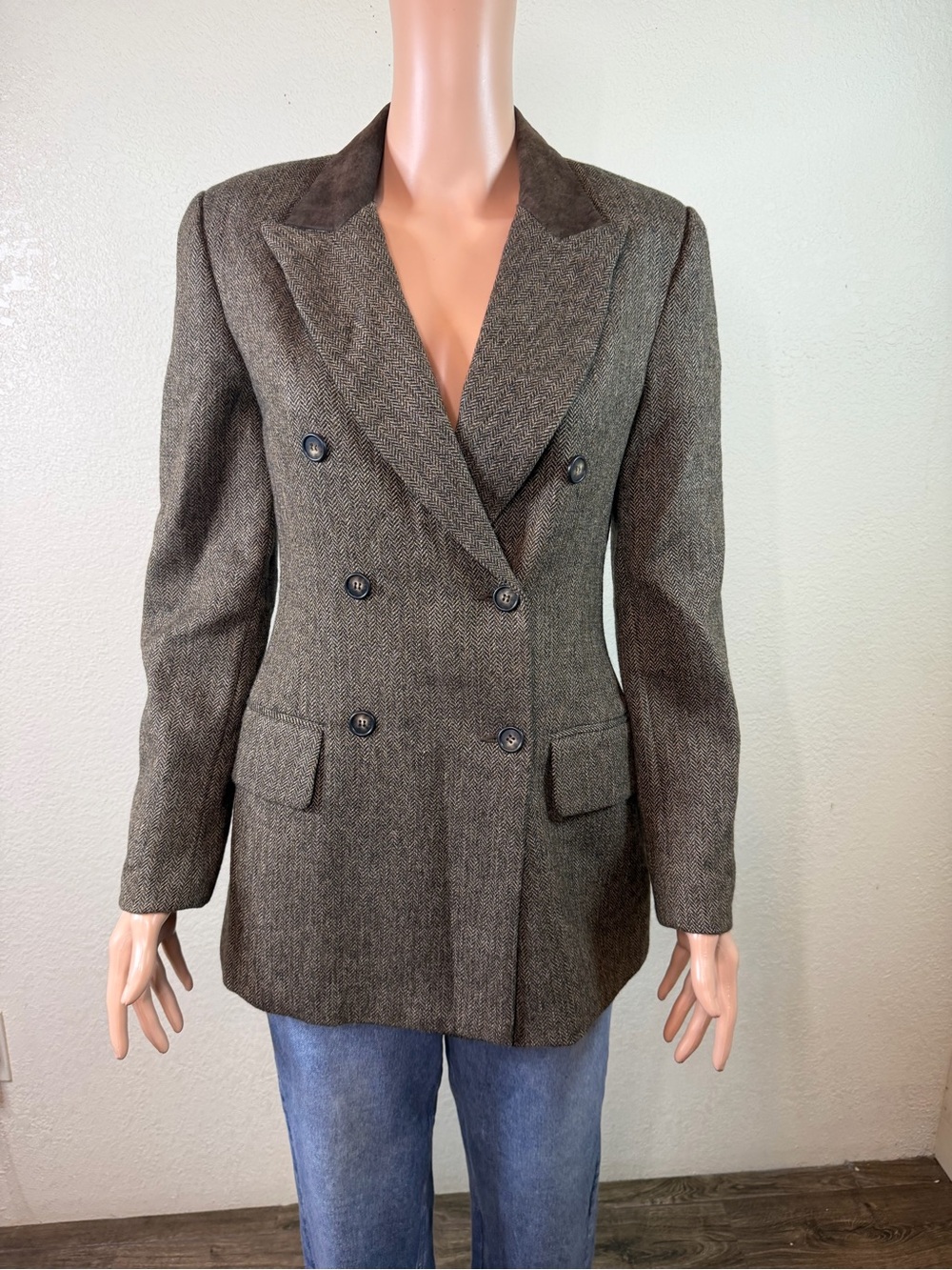Harold’s Brown Herringbone Double Breasted Blazer Mid-Length Sz 2 wool / alpaca